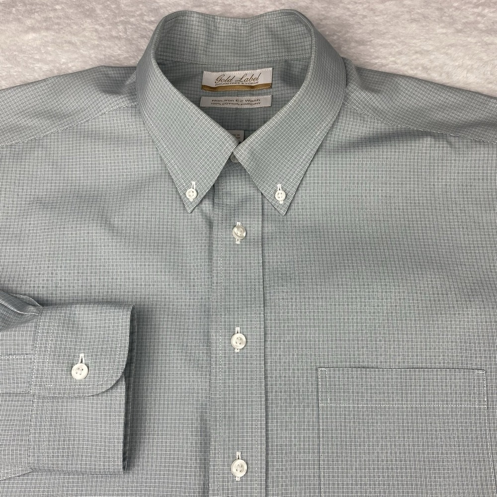 Roundtree & Yorke Gold Label Dress Shirt Mens 17-33 Green Geometric No Iron